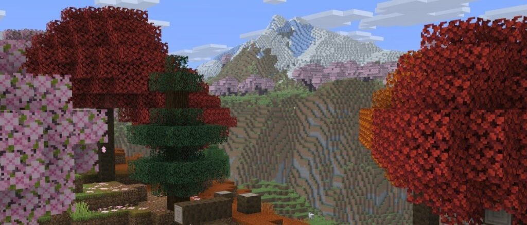 Иллюстрация к Minecraft 26.4 Snapshot 1: горный пейзаж с разноцветными деревьями