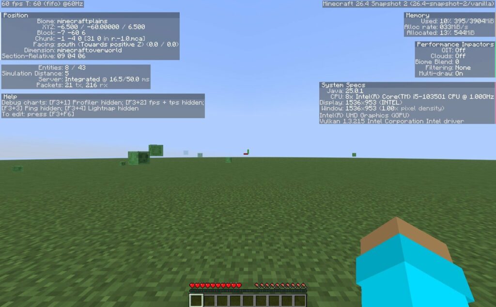 Новый экран отладки F3 в Minecraft 26.4 Snapshot 2 с панелями Position, Memory, Performance Impactors, System Specs и Help