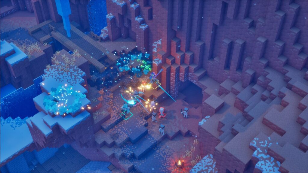Minecraft Dungeons II: бой в каньоне со светящимися голубыми кристаллами