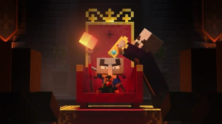 Вызыватель надевает корону на Архииллагера, сидящего на троне, &mdash; Minecraft Dungeons
