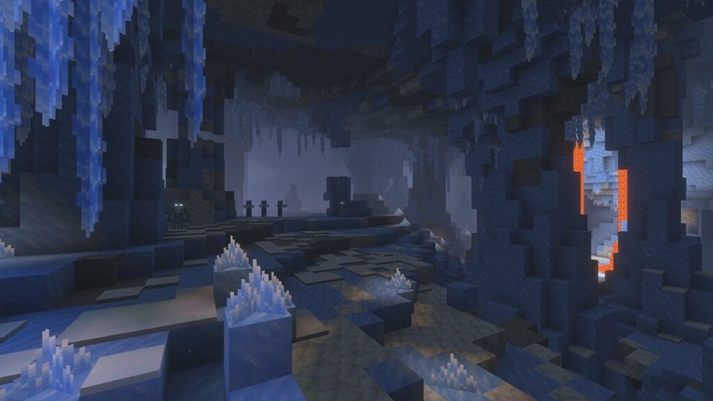 Ледяная пещера Minecraft с сосульками, ледяными кристаллами и мобами вдали