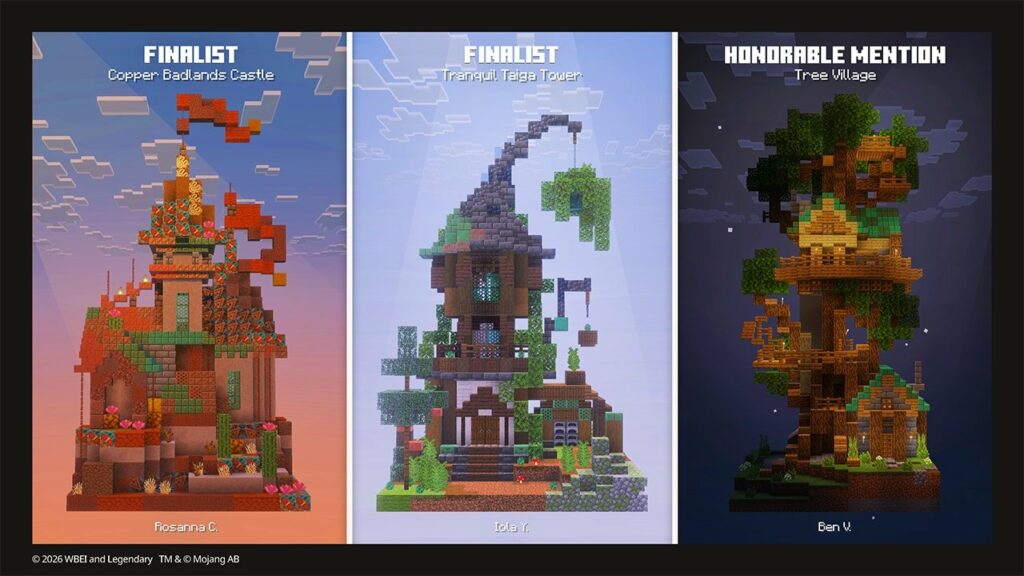 Финалисты конкурса: Copper Badlands Castle, Tranquil Taiga Tower и Tree Village