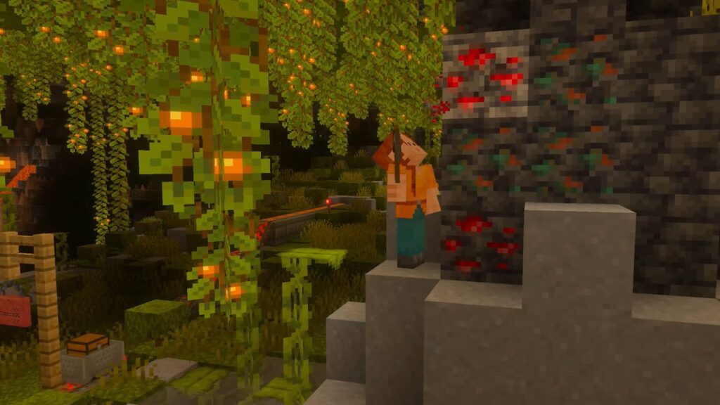 Игрок в пышной пещере со светящимися ягодами — официальный скриншот Minecraft для Nintendo Switch 2