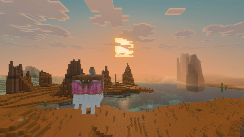 Счастливый гаст над водой на закате среди скал — официальный скриншот Minecraft для Nintendo Switch 2