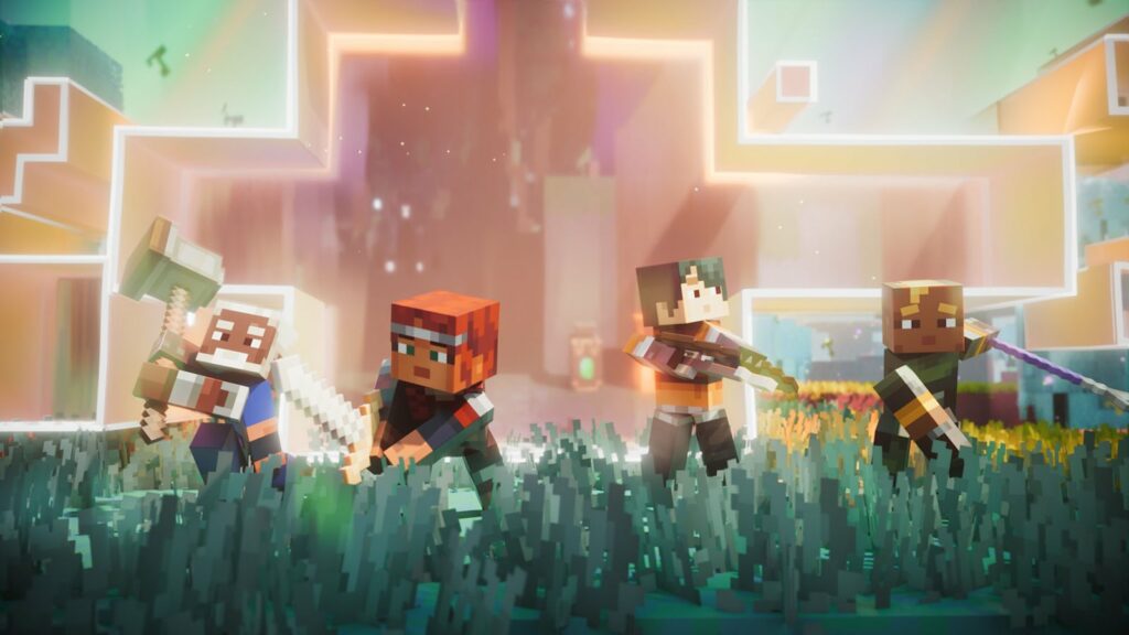 Герои Minecraft Dungeons II в измерении The Sift с розовой землёй и золотистой травой