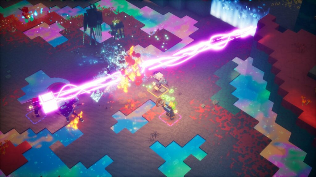 Фиолетовый луч и разноцветная земля измерения The Sift в Minecraft Dungeons II
