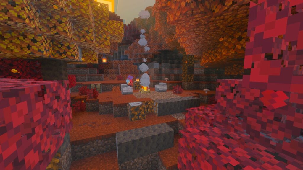 Пятнистый лес в Minecraft: тополя с красной, оранжевой и жёлтой листвой