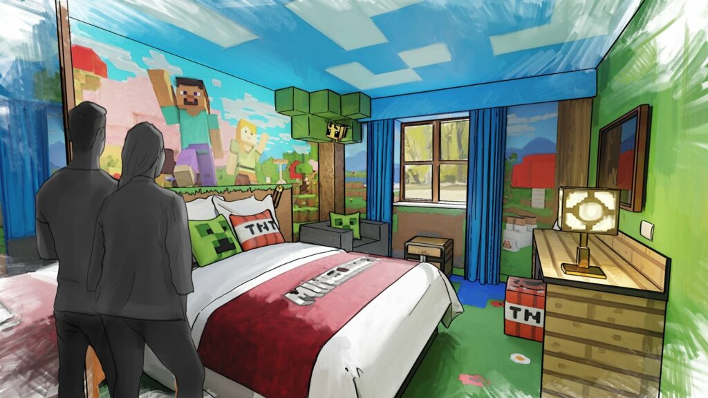 Концепт-арт номера в отеле Minecraft World Hotel: кровать с TNT, крипер и блоки травы