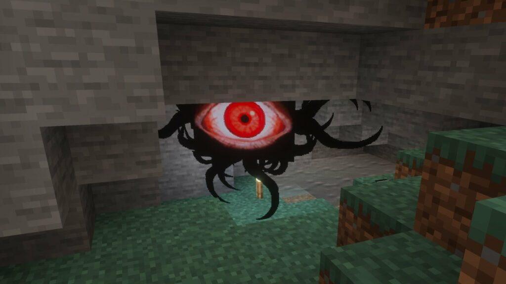 Гигантский красный глаз в пещере, аддон Can You Survive? для Minecraft