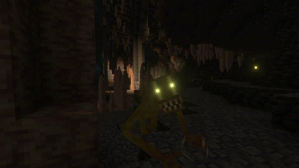 Существо Cave Dweller в тёмной пещере, аддон для Minecraft